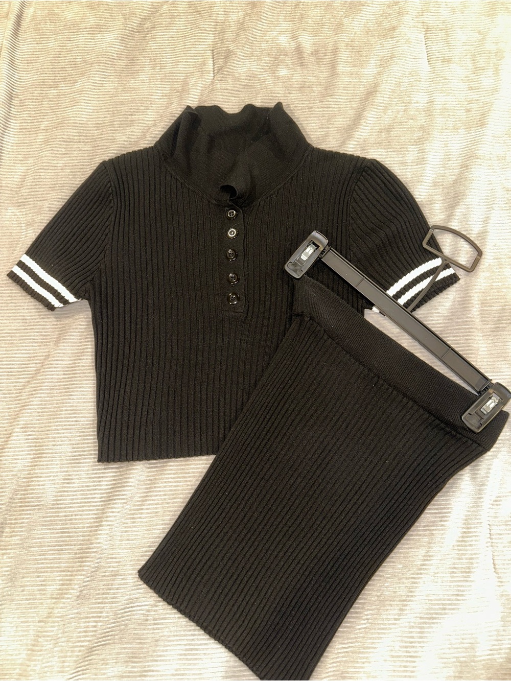 Black Ribbed Polo Crop Top with White Stripe Detail - knitted